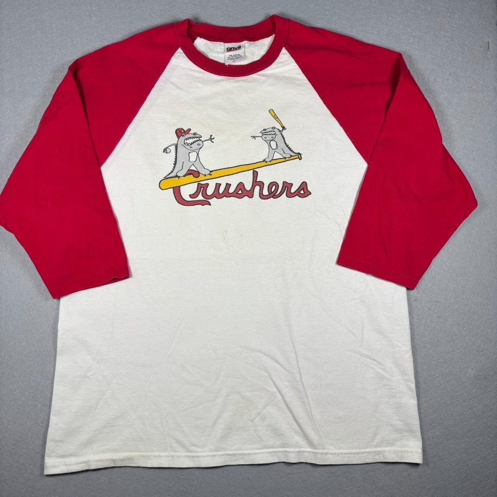 Vintage Style Crushers Dinosaur Baseball Raglan Shirt Anvil Adult Sz L Red/White